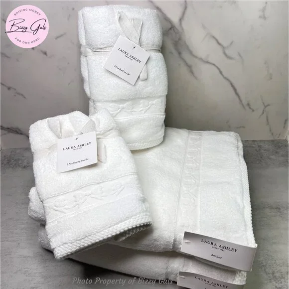 Laura Ashley 6Pc White Bows Bath Towels Set - Picture 1 of 7